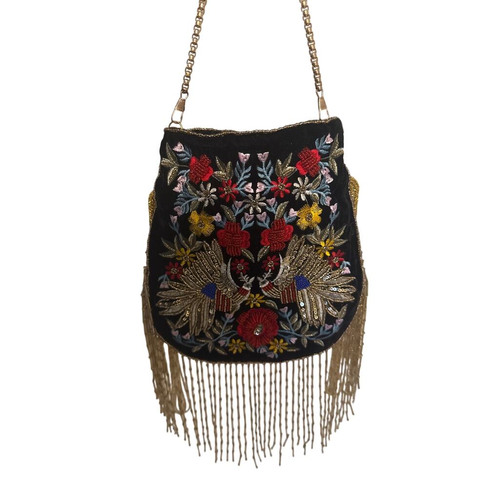 NWOT Ramla Embroidered Beaded Fringe Crossbody Bag Boho Statement Purse
